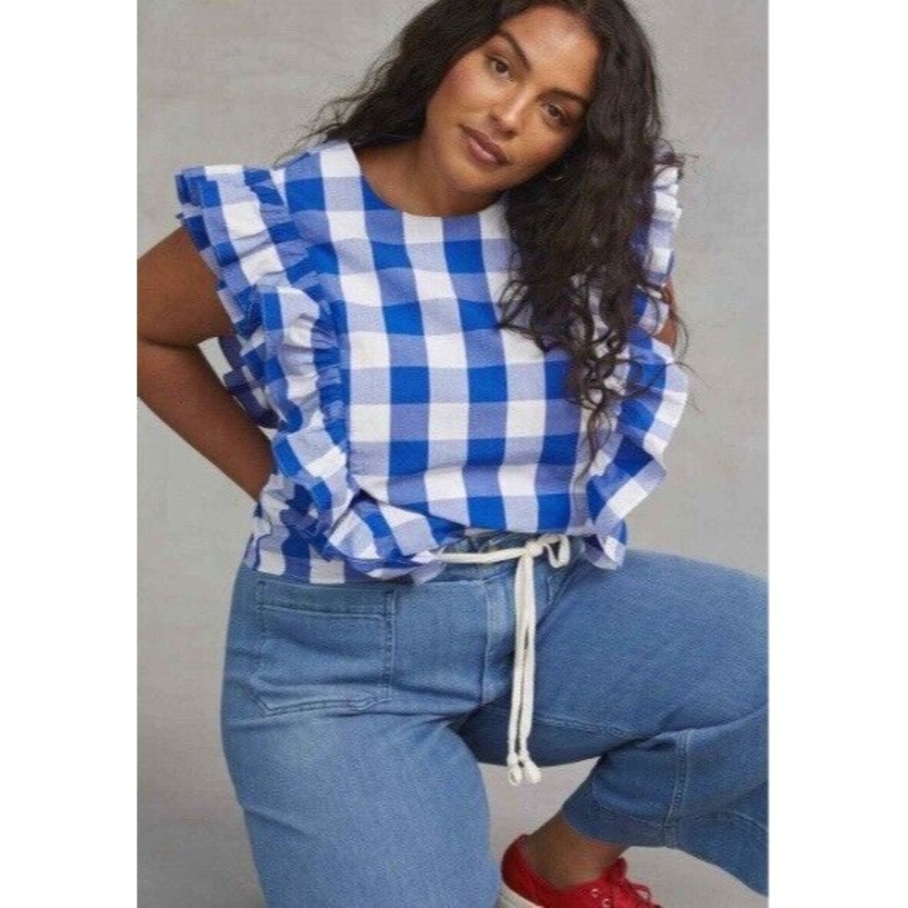 Anthropologie Whit Two Cascade Ruffled Blue White Check Preppy Blouse Sz M NWT